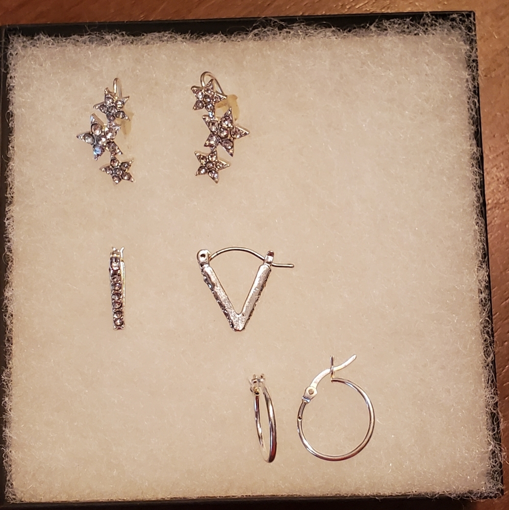 3 Pairs Silver Tone V Hoops, Round Hoops and Star Ear Climbers/ Earrings